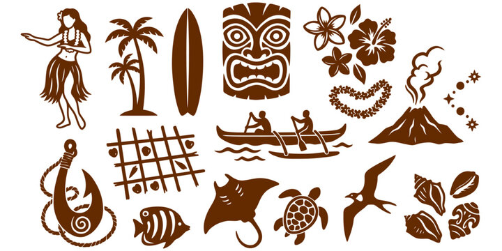 Set of Brown Vector Icons Featuring Traditional Hawaiian Culture Symbols and Tropical Island Elements for Graphic Design Projects