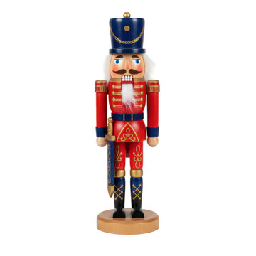A classic wooden nutcracker figurine in a royal red military uniform with gold braid and a shako hat, standing on a wooden pedestal, festive holiday atmosphere