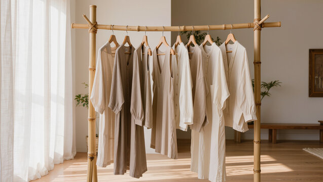 Natural Linen Clothing on Bamboo Rack in Sunny Minimalist Room