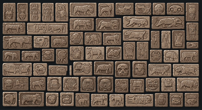 Intricate collection of ancient stone tablets features carved animal glyphs and symbolic figures inspired by historical cultures.