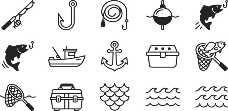 Fishing and Marine Recreation Line Icon Set Featuring Rod, Hook, Anchor, Boat, Tackle Box, Fish Net, Float, and Water Waves