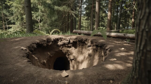 A large, circular burrow entrance in a dense forest setting, likely excavated by a badger or similar mammal.