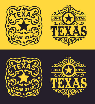Four vintage Texas badges with Lone Star in ornate Victorian frames. Black and yellow vector versions. Perfect for t-shirts, stickers, apparel, and tourism merchandise.