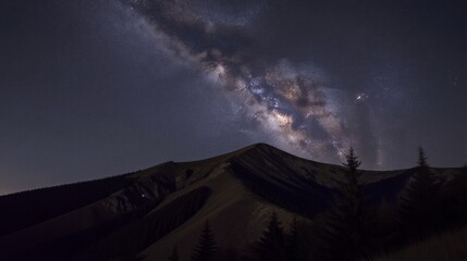 The Milky Way galaxy shines brightly over a mountainous terrain in Poland's Bieszczady National Park, with evergreen trees silhouetted against the starry night sky. © Michael
