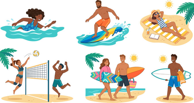 people enjoying beach activities in summer vacation  surfing volleyball and sunbathing