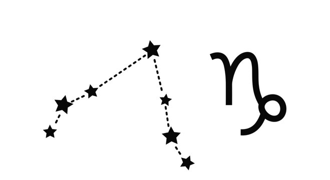 Capricorn zodiac constellation is represented by connected stars alongside its traditional astrological symbol.