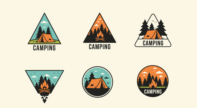 Set of camping logos and badges features various wilderness scenes with tents, pine trees, and campfires in geometric frames.
