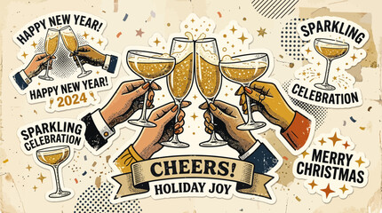 Holiday celebration with champagne glasses and cheerful greetings for New Year and Christmas © Mollik