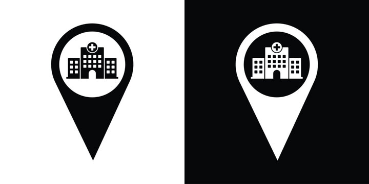 Hospital location pin map pointer icon vector. Black and white medical navigation marker graphic.