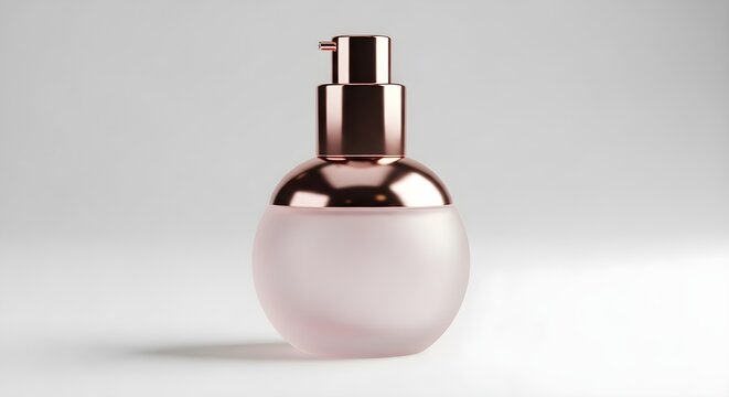 3d render of a luxury cosmetic bottle with a rose gold pump dispenser and a frosted pink glass container, isolated on white background