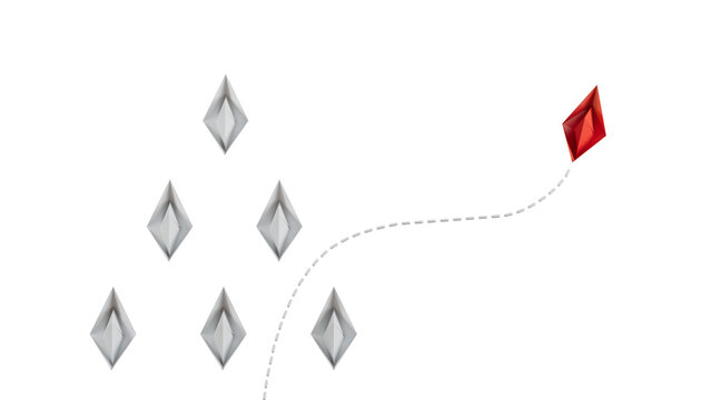 Think differently concept. Red paper paper boat changing direction.Supports PNG files with transparent backgrounds.