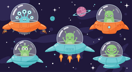 Obraz premium Funny aliens pilot various colorful flying saucers and spaceships through a starry galaxy filled with planets and distant twinkling stars.