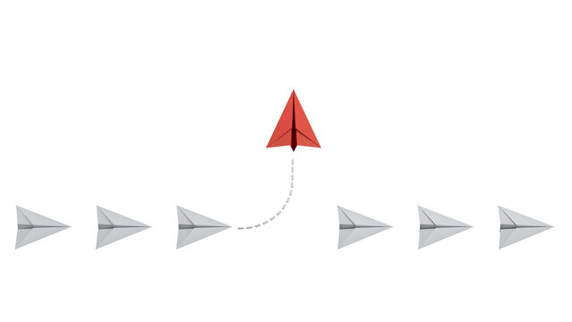 Individuality concept. Individual and unique leader red paper plane flies to the side.new ideas. paper art style. creative idea.Supports PNG files with transparent backgrounds.