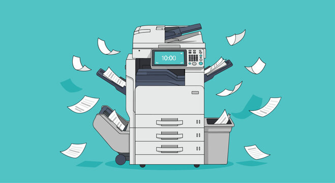 Illustration of a multi-function office copier machine with papers flying around it symbolizing a busy or overwhelming workspace environment.