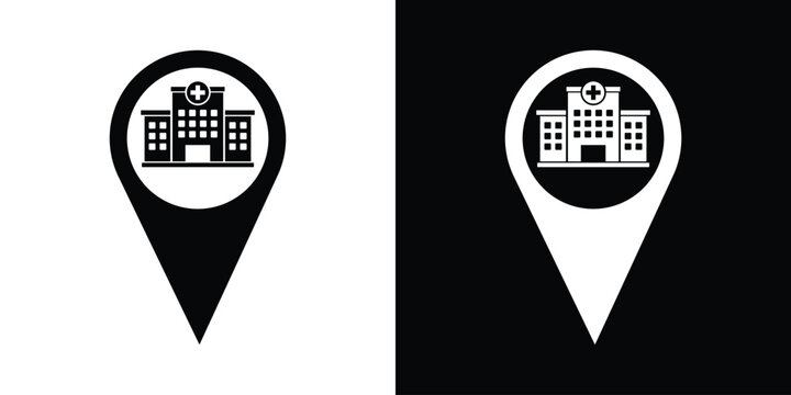 Hospital location pin map pointer icon vector. Black and white medical navigation marker graphic.