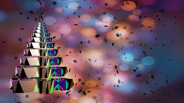 10 seconds christmas tree shiny snowflakes bokeh out-of-focus falling rotating spinning black animation  background screensaver motion graphics HD-video 