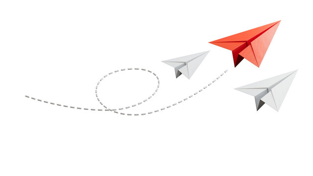 Individuality concept. Individual and unique leader red paper plane flies to the side. Think different.Supports PNG files with transparent backgrounds.