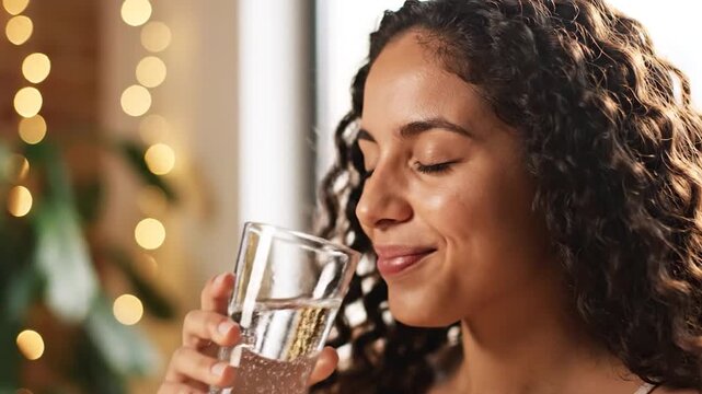Young woman with curly hair drinking fresh water from a glass with eyes closed against warm bokeh lights