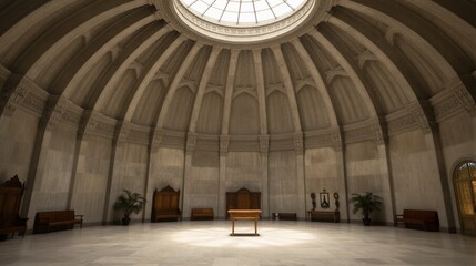 Obraz premium A grand classical hall interior features a domed ceiling, ornate stone carvings, and wooden benches in a vast, naturally lit space.