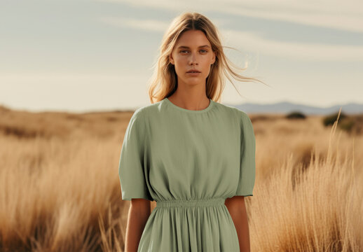 Serene Woman In Flowy Dress Mockup In Natural Landscape PSD