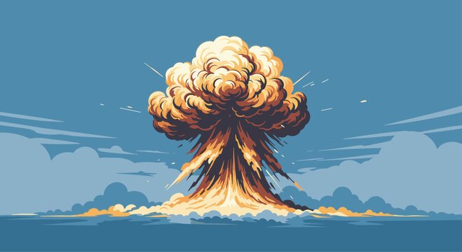 Dramatic pixel art illustration of a large nuclear explosion mushroom cloud over the ocean with a blue sky background and distant clouds.