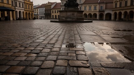 A cobblestone plaza in a historic European courtyard features a central stone monument under an overcast sky.