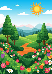 Obraz premium Spring landscape nature vector illustration featuring a winding path through colorful flower fields with distant mountain hills