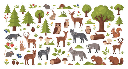 Obraz premium Diverse collection of woodland animals and nature elements including deer, wolves, owls, and mushrooms are shown in a flat style.