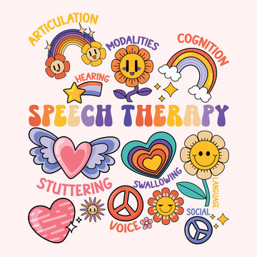 Speech Therapy Retro Rainbow Icons T-shirt Design