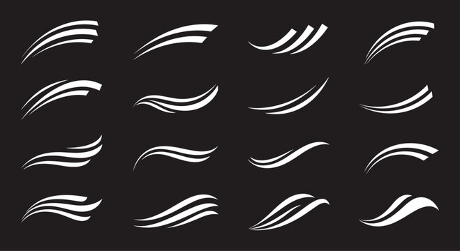 Selection of dynamic white swoosh and wave shapes on a dark background can be used for motion, speed, or water logo designs.