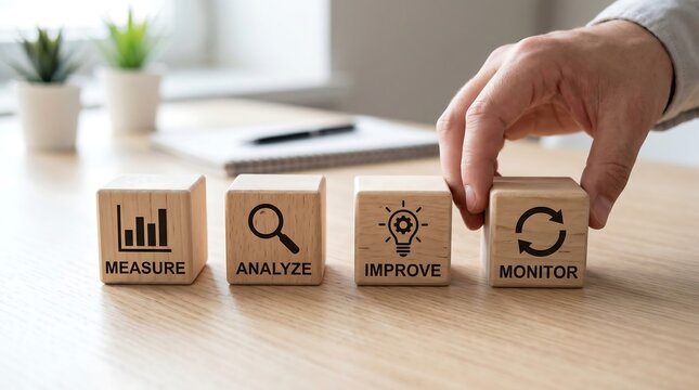Hand arranging wooden blocks with icons representing the continuous improvement cycle: Measure, Analyze, Improve, Monitor.