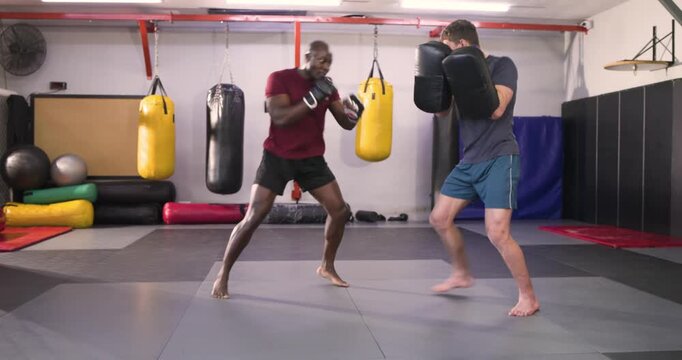 Diverse male coach and trainee practicing jab, spinning kicks on thai pads in gym