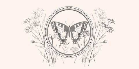 Butterfly And Floral Arrangement A Gray Vector Illustration © Topoti