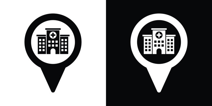 Hospital location pin map pointer icon vector. Black and white medical navigation marker graphic.