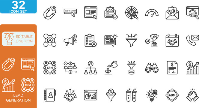 Lead generation line editable Icons set.Vector illustration. 32 line icons for marketing sales and business development concepts. on white background.