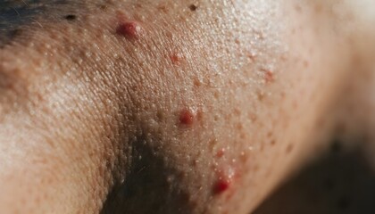 Fototapeta premium Red Acne Spots Macro Skin Texture, Ultra Realistic Human Skin Close Up, Acne Scars and Pimple Marks Detail, Dermatology Skincare Background, Facial Imperfections, Enlarged Pores, Medical Skin Conditio