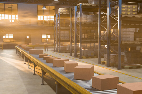 3D warehouse shelf network filled with organized pallet cargo.