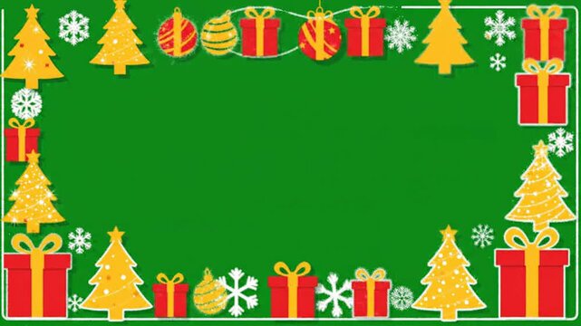 Christmas green screen border frame animation vector featuring festive yellow trees red gift boxes and white snowflakes for holiday video compositing