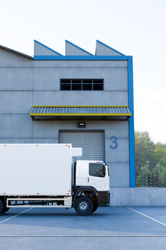 3D delivery truck fleet parked outside an industrial warehouse.