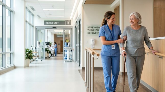 A smiling nurse assists an elderly woman with a cane as they walk down a bright hospital hallway.