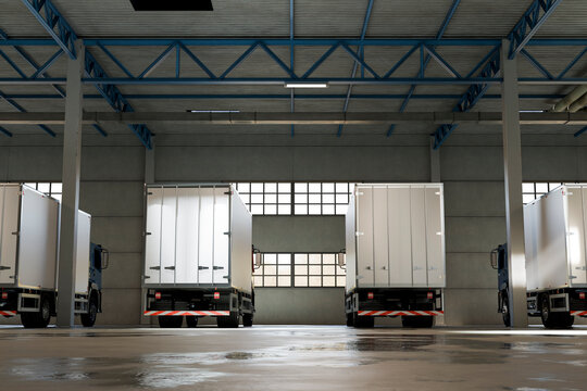 3D loading dock truck centered outside a concrete warehouse.