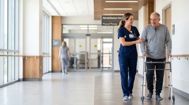 A female nurse assists an elderly man with a walker down a hospital hallway, promoting rehabilitation and recovery.