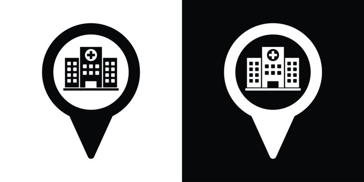 Hospital location pin map pointer icon vector. Black and white medical navigation marker graphic.