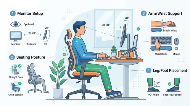 Ergonomic office setup and proper seating posture guide with ergonomics workstation computer alignment keyboard position