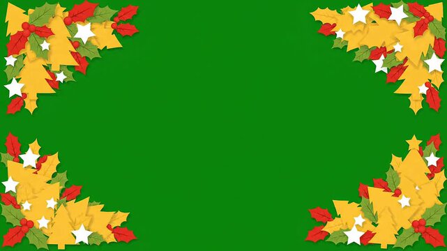 Festive christmas green screen border frame animation vector featuring holly berries and stars for decorative winter holiday motion graphics project design