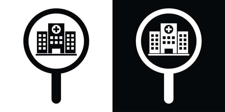 Hospital location pin map pointer icon vector. Black and white medical navigation marker graphic.