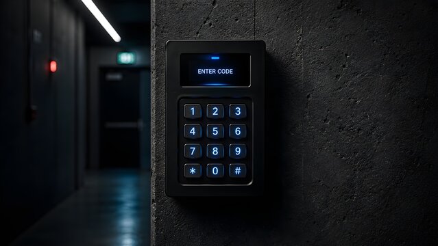 Numeric keypad with display screen mounted on a dark concrete wall illuminated with blue light number pad pin