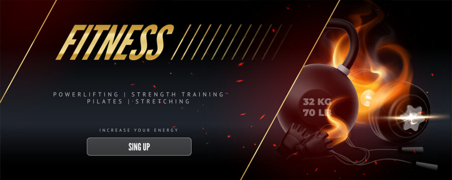 Fitness landing page 3D vector design, realistic fitness sport equipment, gym workout tools for stretching, powerlifting