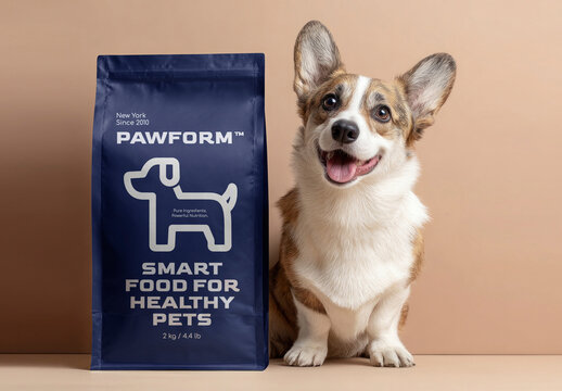 Corgi Beside Pet Food Package Mockup PSD