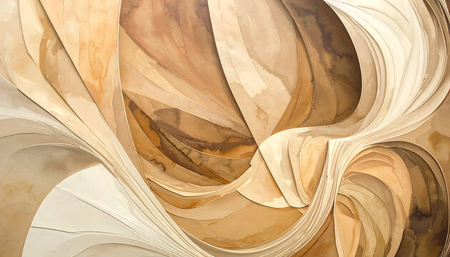 abstract paper sculpture with swirling curves and organic texture, neutral tones and earth colors, intricate design